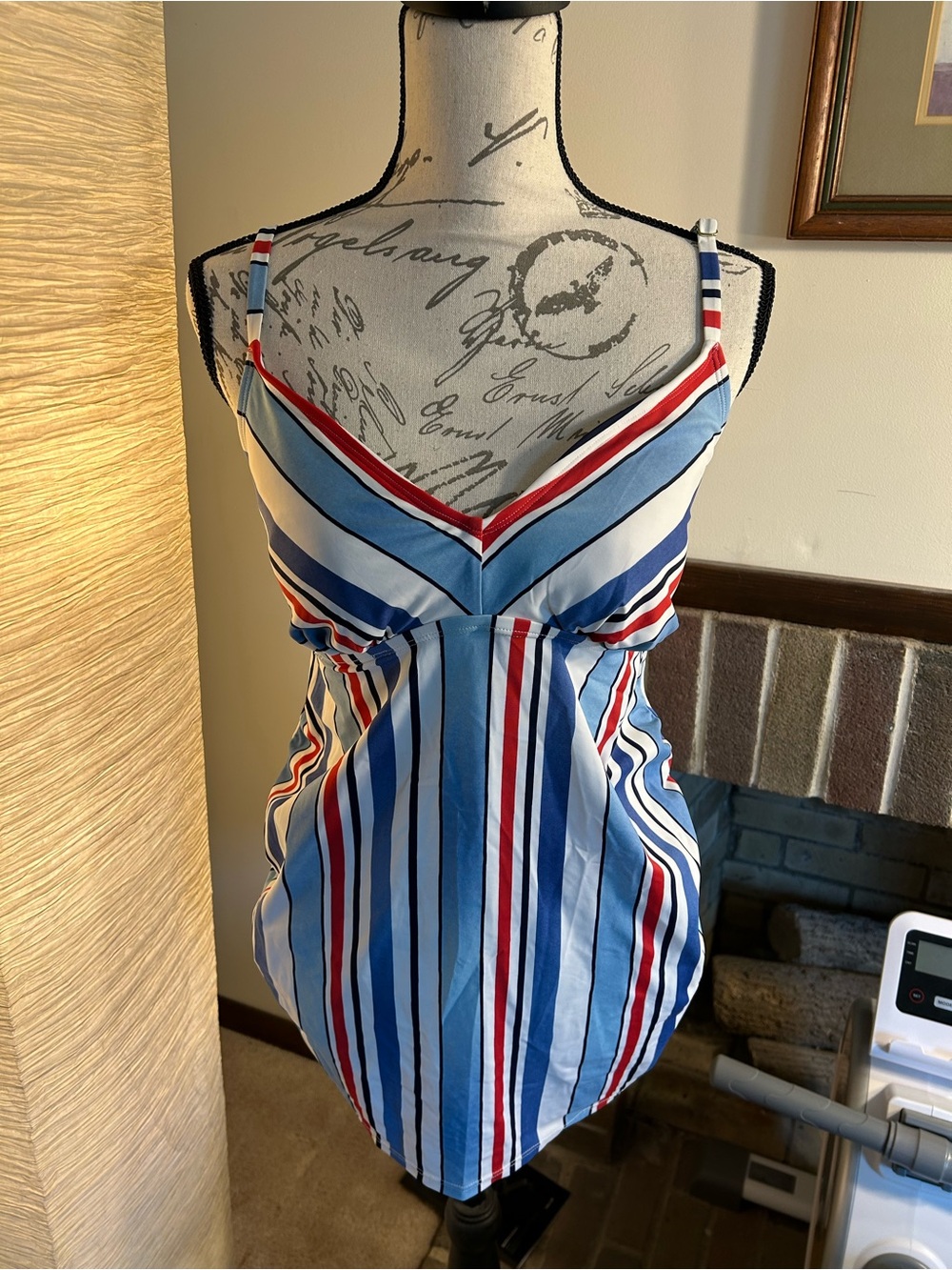 Blue, White & Red Striped Maternity Tankini Top